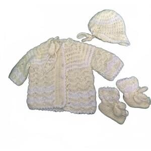 Vintage Crocheted Yellow and White 3 Piece Newborn Set 1970s